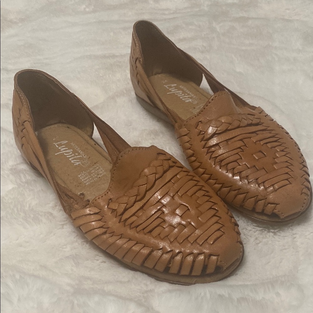 Tan Leather Huarache Flats with Woven Design